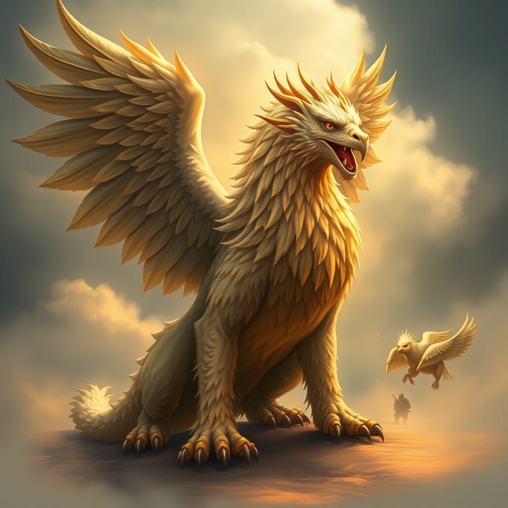 Regal Griffin Examines Kingdom from Snowy Mountain Peak