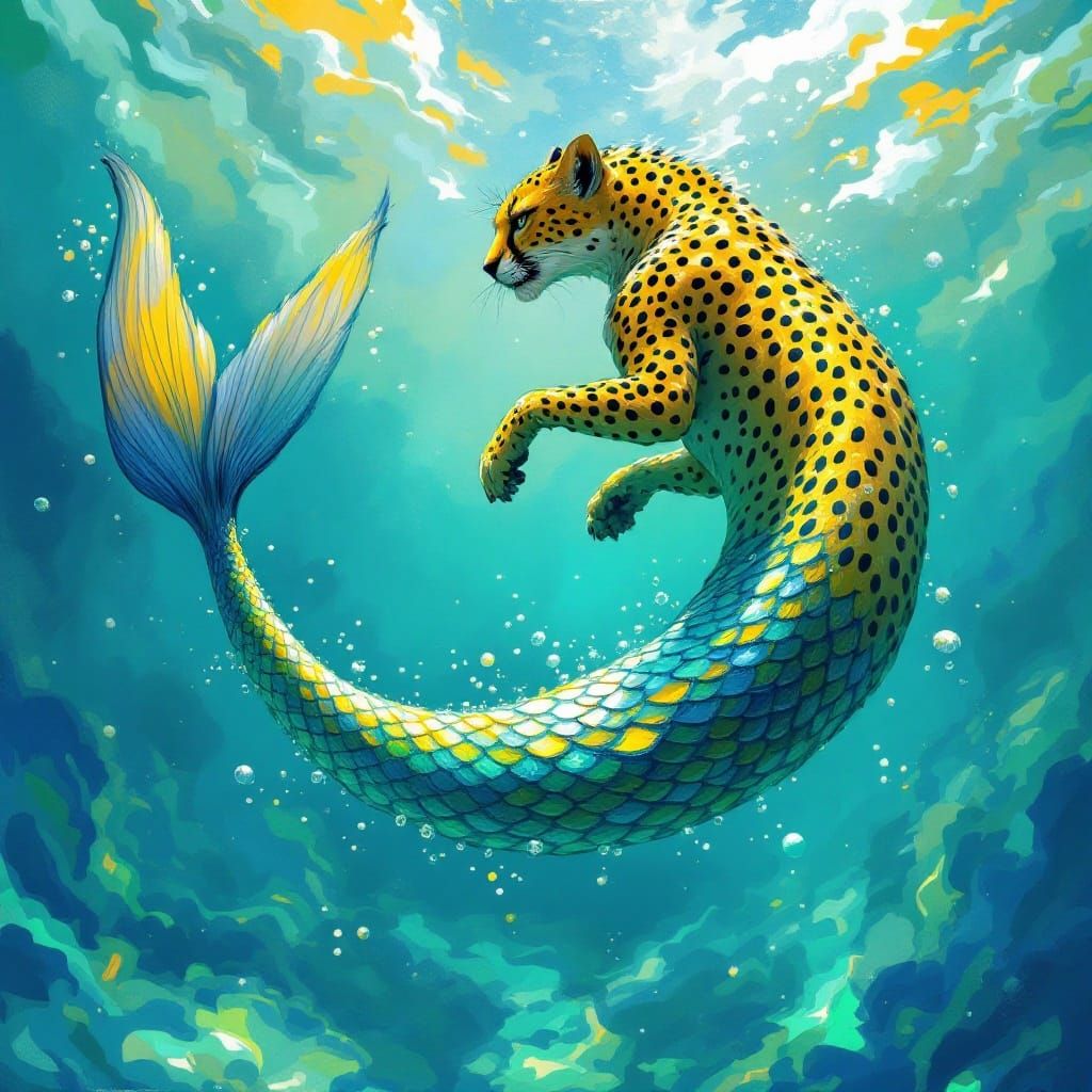 Majestic Cheetah Mermaid Swims in Vibrant Ocean Scene