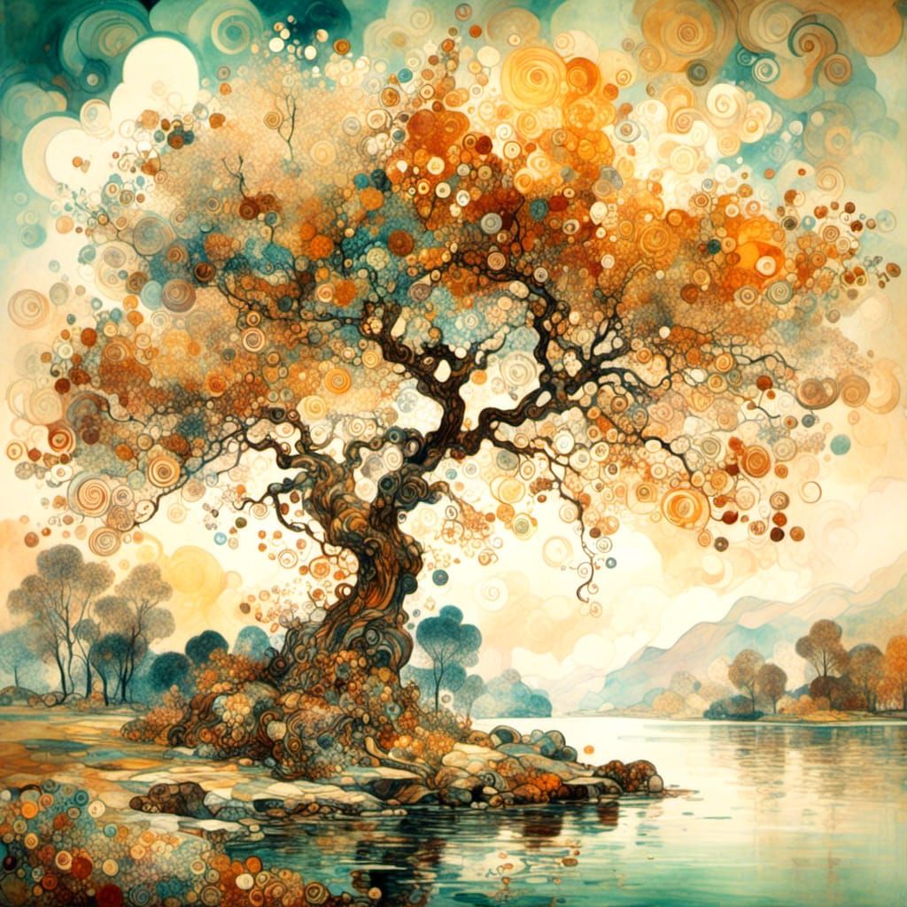 Tree Near Water in Gustav Klimt Style