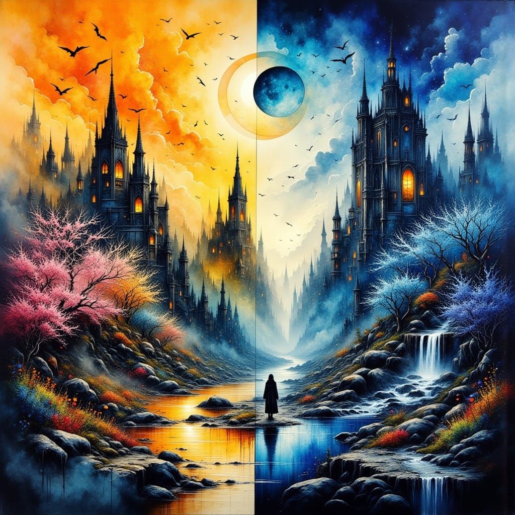 Dual Cityscape: Sunlight Meets Twilight in Abstract Reality