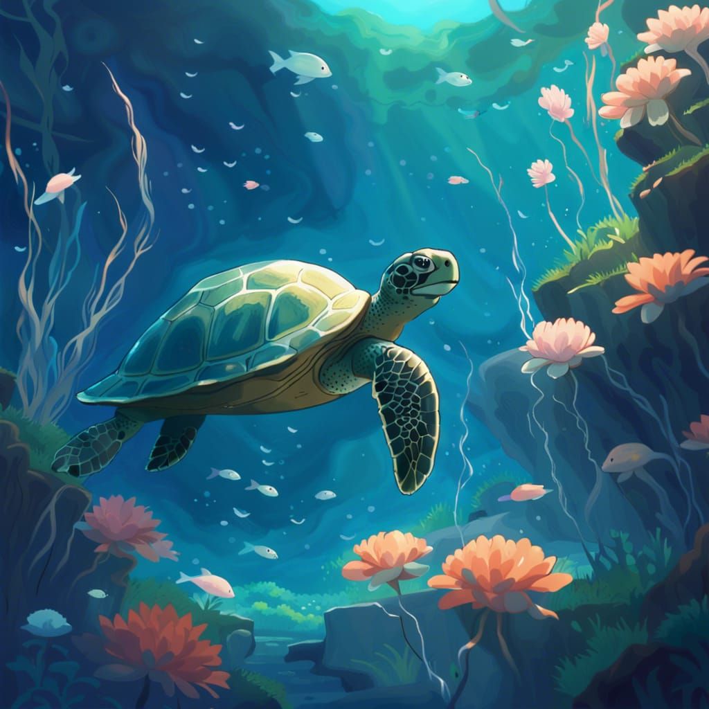 Charming Underwater Turtle Scene in Studio Ghibli Style