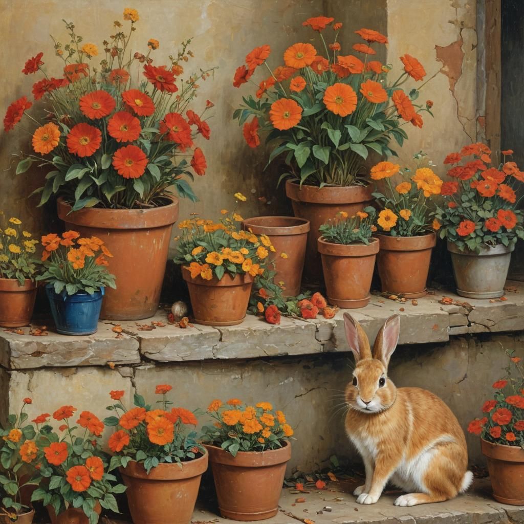 Rabbit with Autumn Flowers: A Symbolist Oil Painting