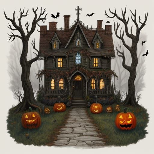 Charming Folk Art Halloween Haunted House Illustration