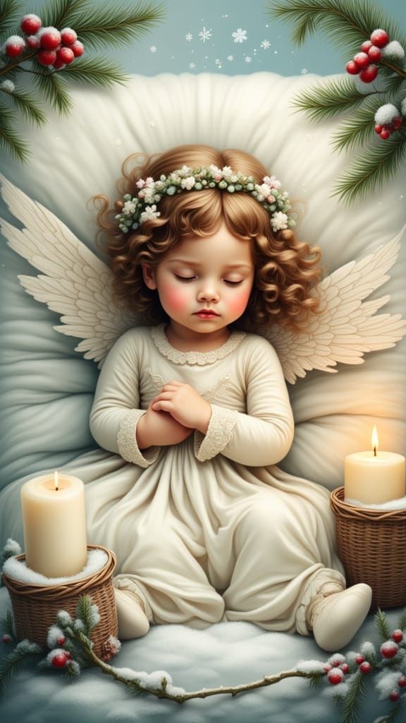 Peaceful Child Sleeping in Winter Wonderland with Angelic Wi...