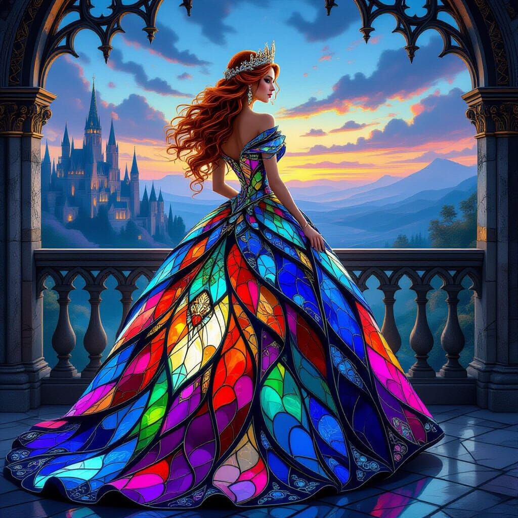 Regal Queen in Shimmering Stained Glass Gown