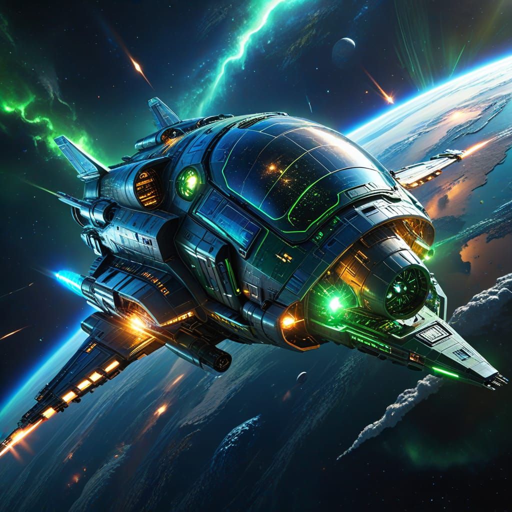 Spaceship Orbits Imperial Earth in Vibrant Digital Art