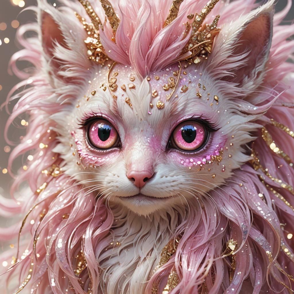 Whimsical Fantasy Animal with Pink Eyes and Glitter