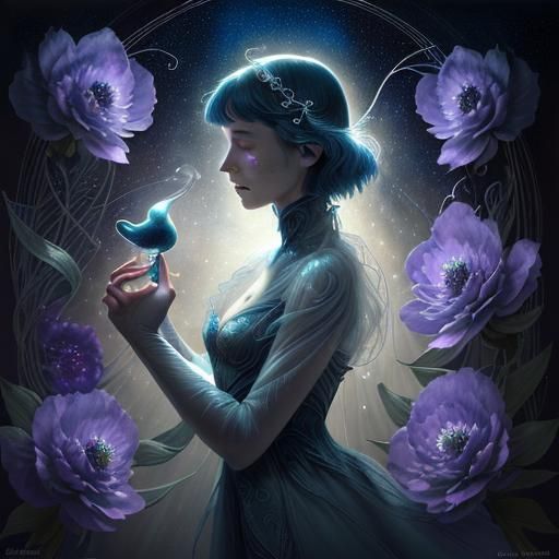 Angelic Apparition Watching Stars in a Mysterious Garden