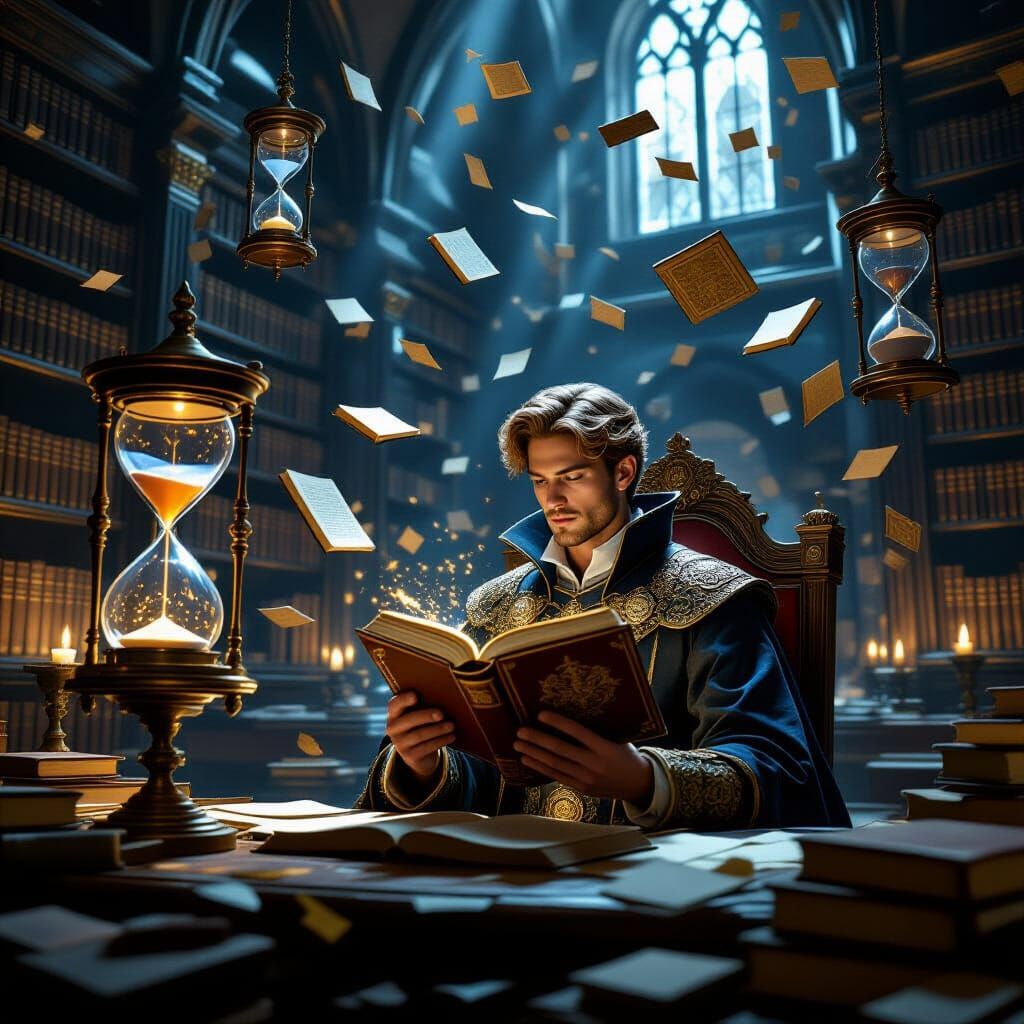 Fantasy Library With Floating Books and Magic Hourglasses