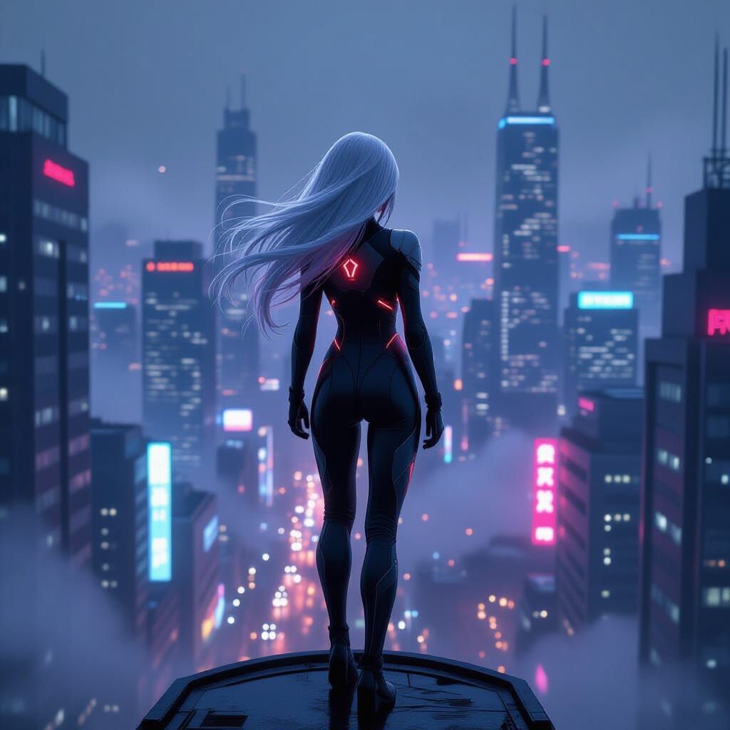 Cyberpunk Anime Woman Overlooking Neon Cityscape