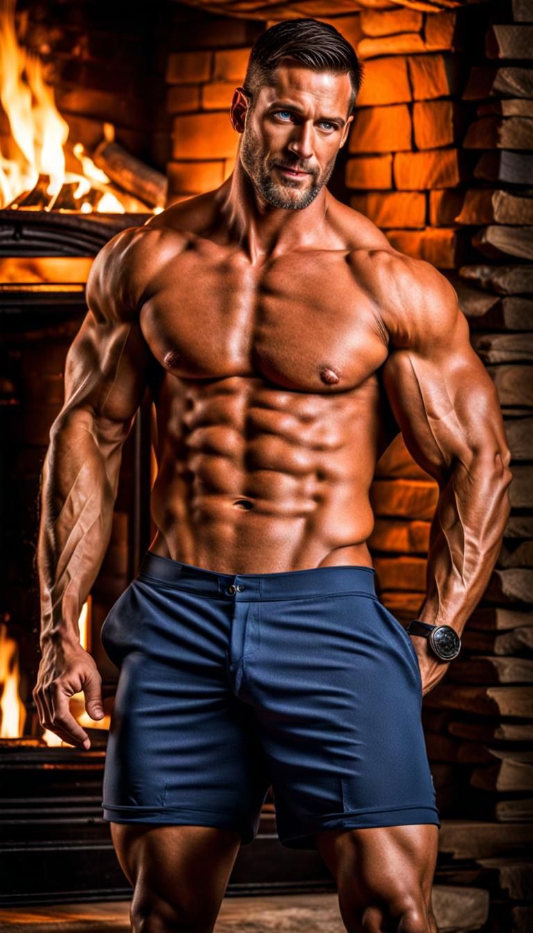 Photorealistic Rendering of Muscular Men by Fireplace