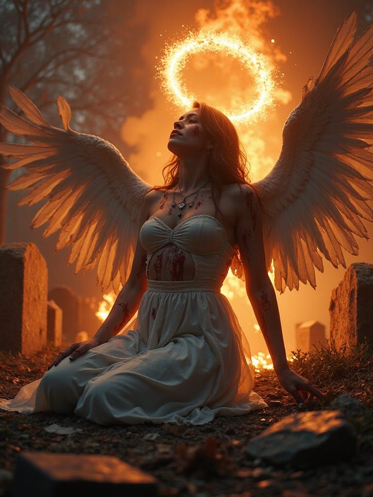 Fallen Angel Goddess in Fiery Graveyard
