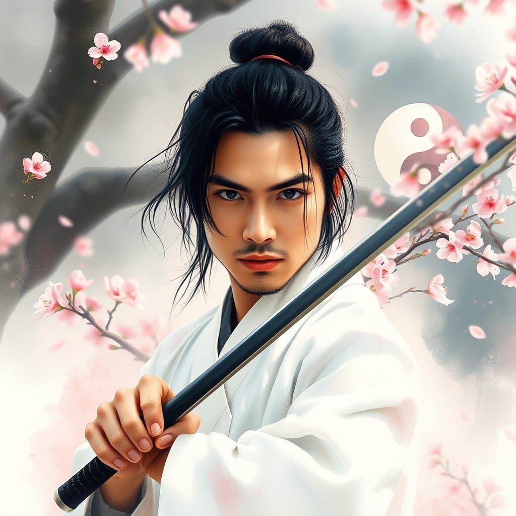 Swordmaster in Serene Cherry Blossom Oasis