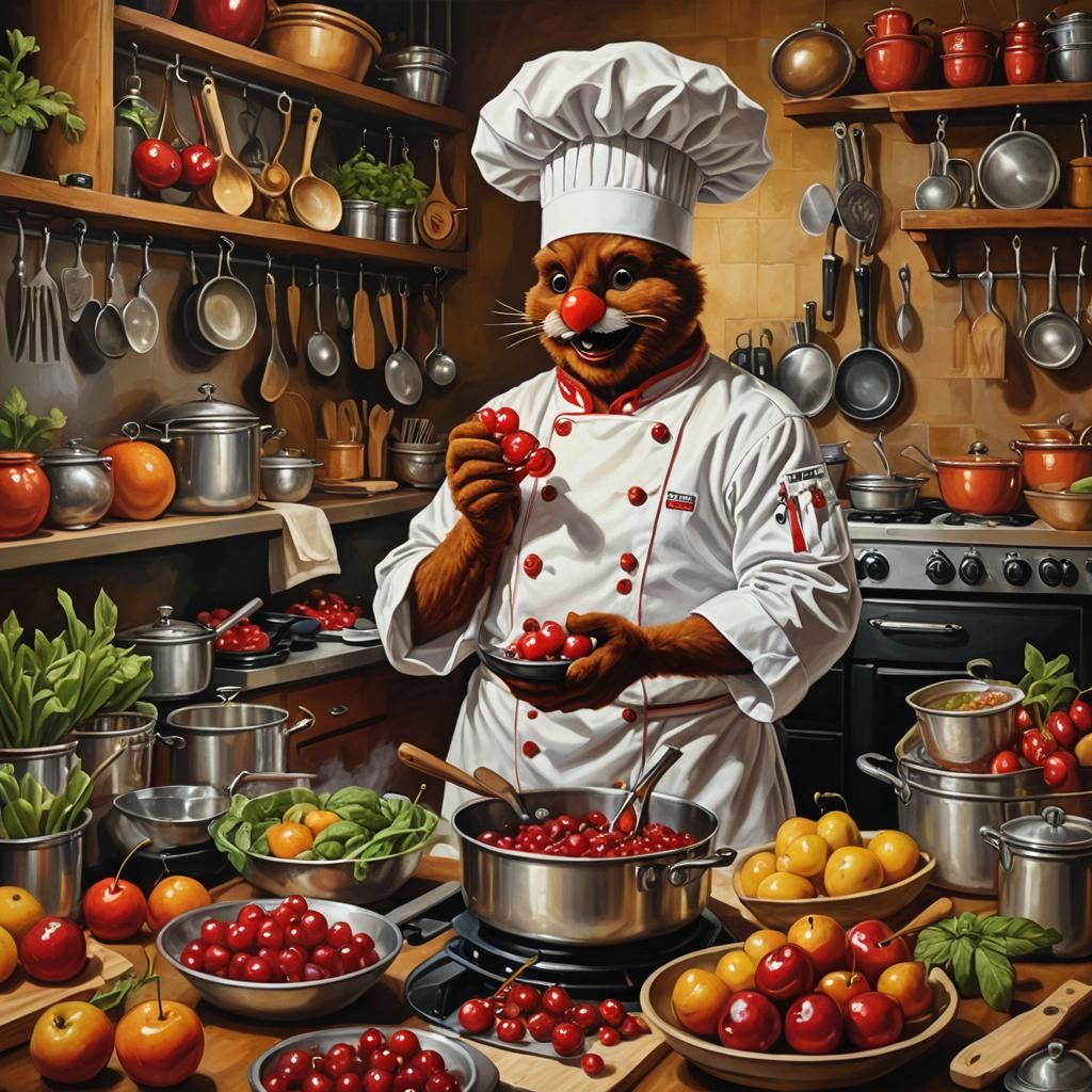 Cherry Chef Prepares Gourmet Dish in Acrylic Style