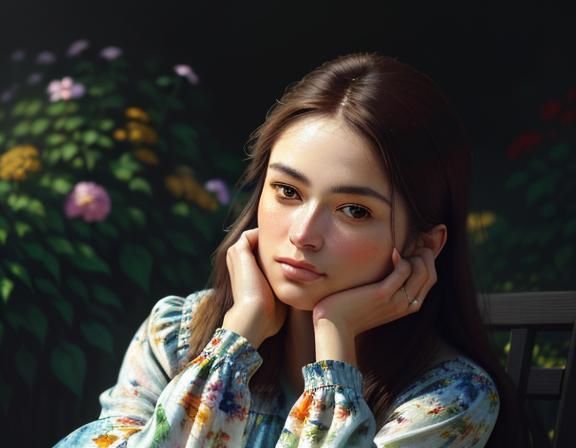 Woman in Sunlit Garden: Oil Painting Portrait