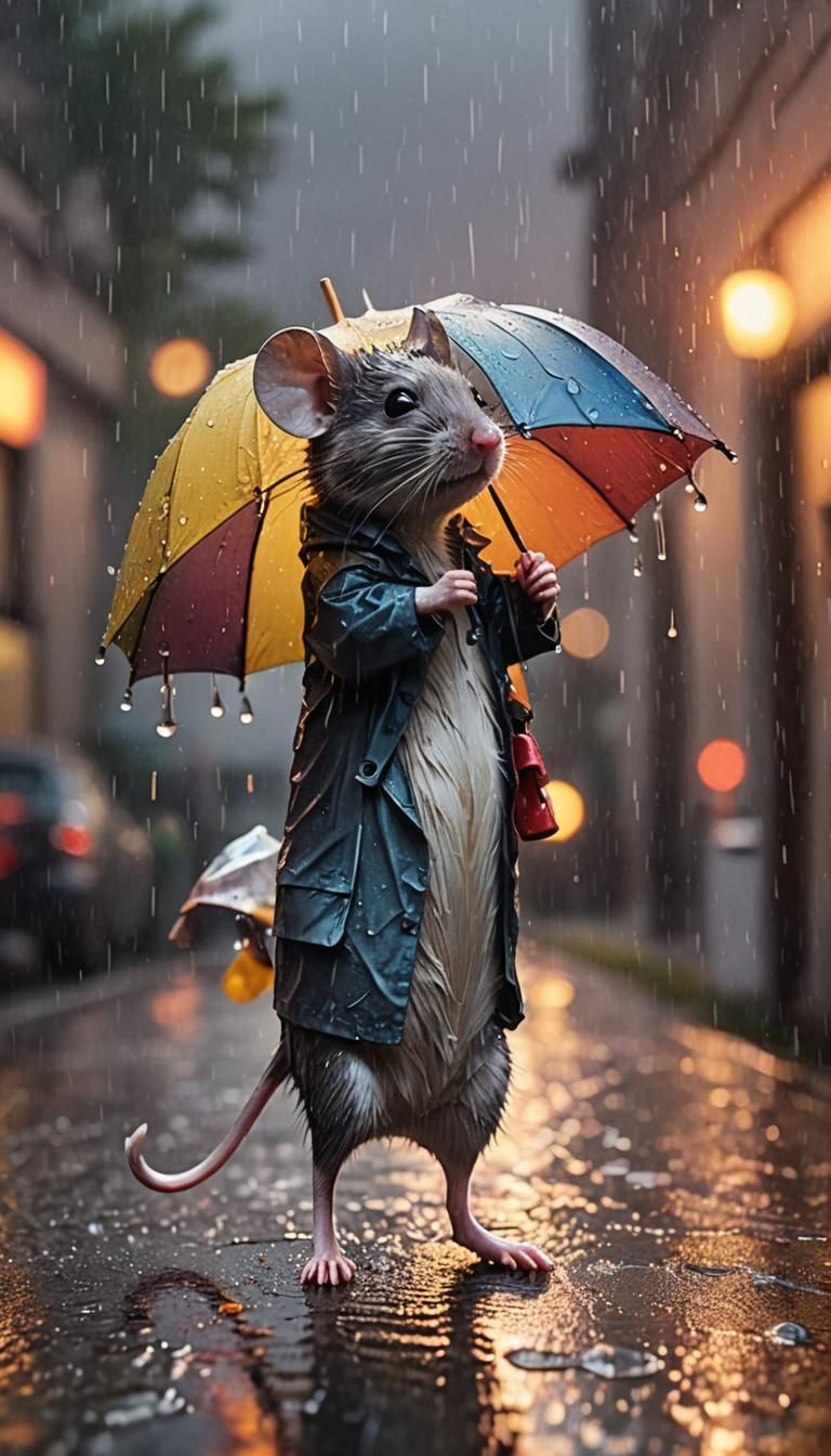 Mouse with Umbrella in Sunset Rain