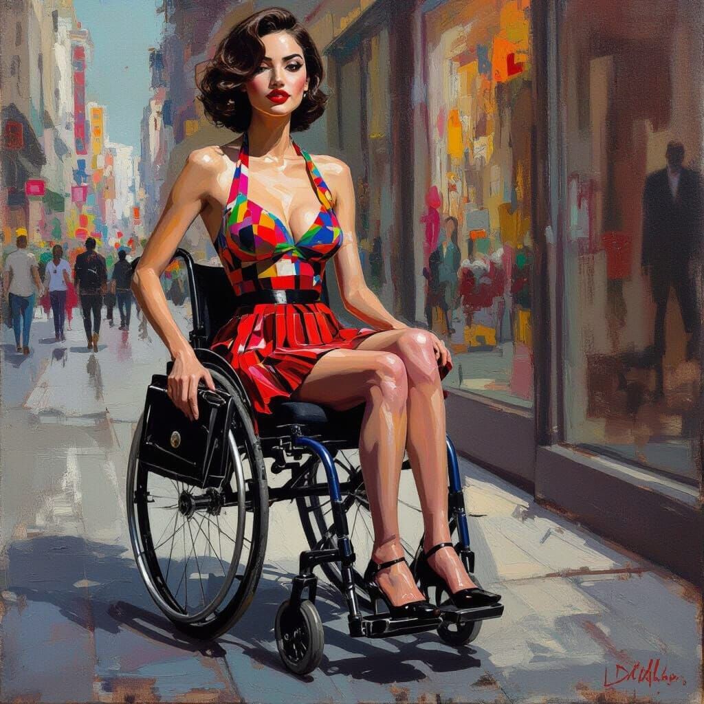 Pin-Up Woman in Wheelchair as Impasto Painting