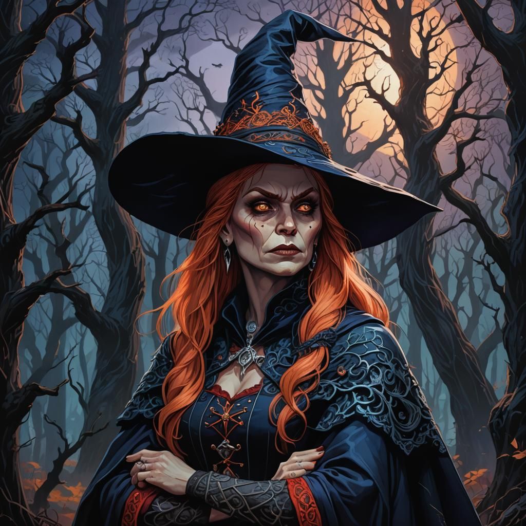 Angry Witch in Forest: Dark Fantasy Illustration