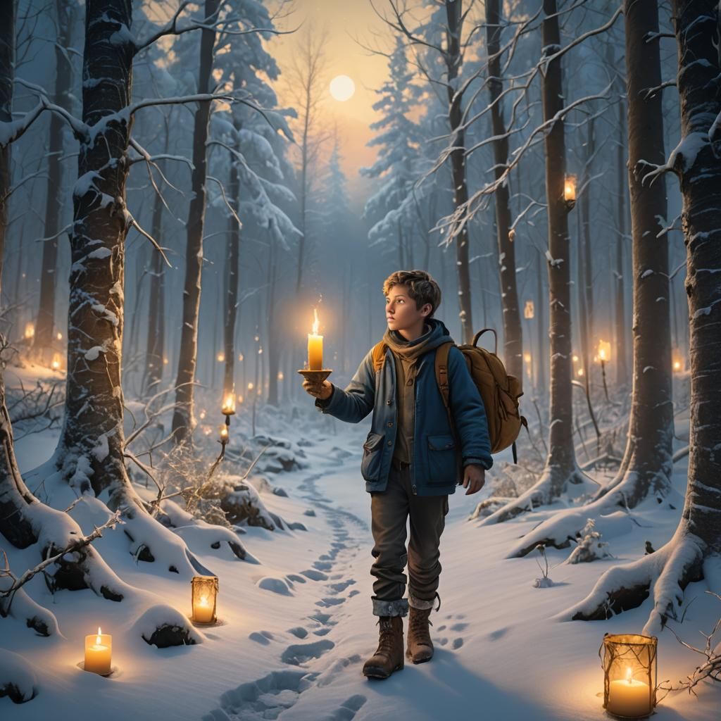 Boy with Candle in Snowy Forest, Fantasy Art