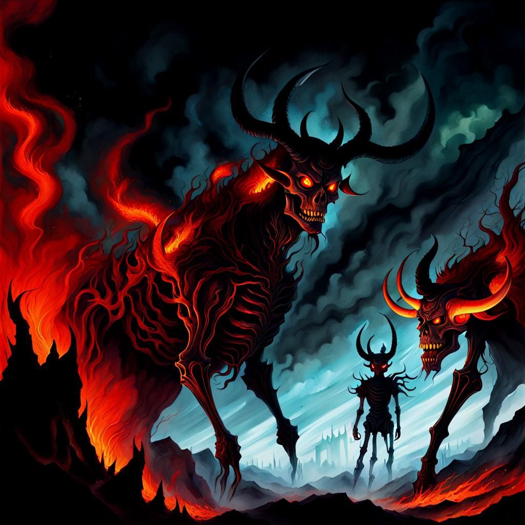 Hellish Skeleton Demons in Burning Landscape Watercolor