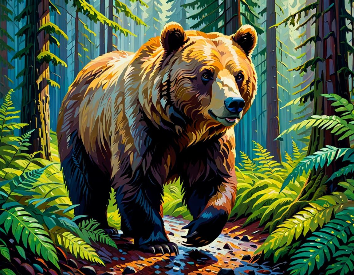Grizzly Bear in Rainforest: Expressionist Oil Painting