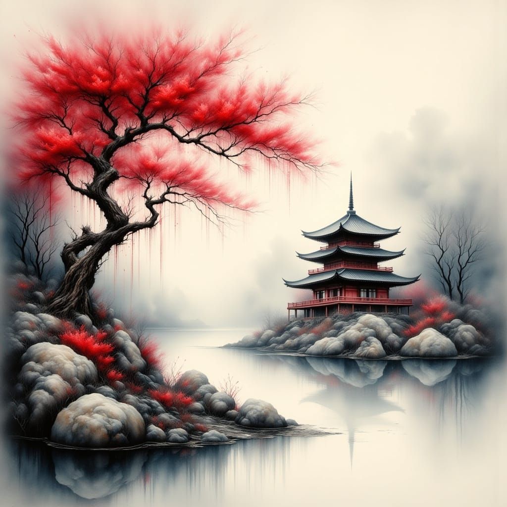 Misty Asian Landscape with Blossoming Tree in Watercolor