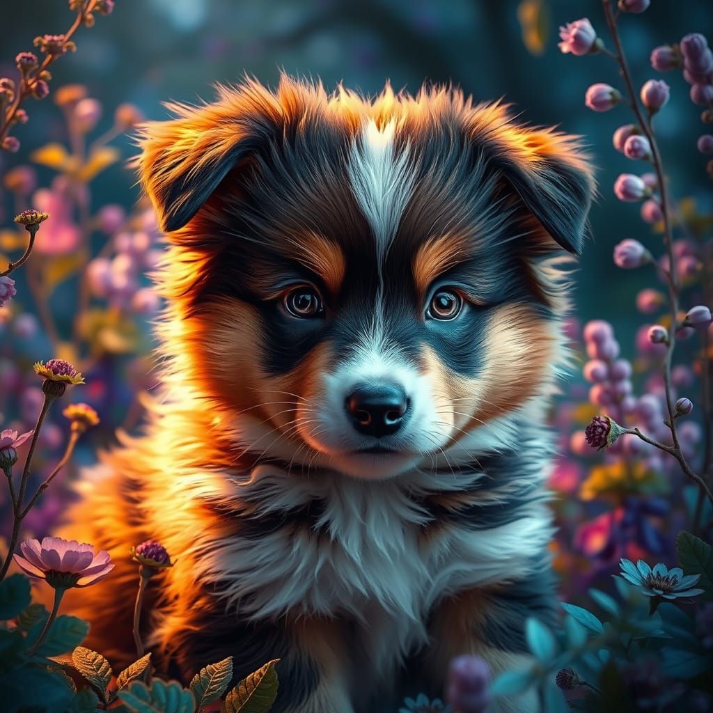 Whimsical Australian Shepherd Puppy in Vibrant Fantasy Lands...