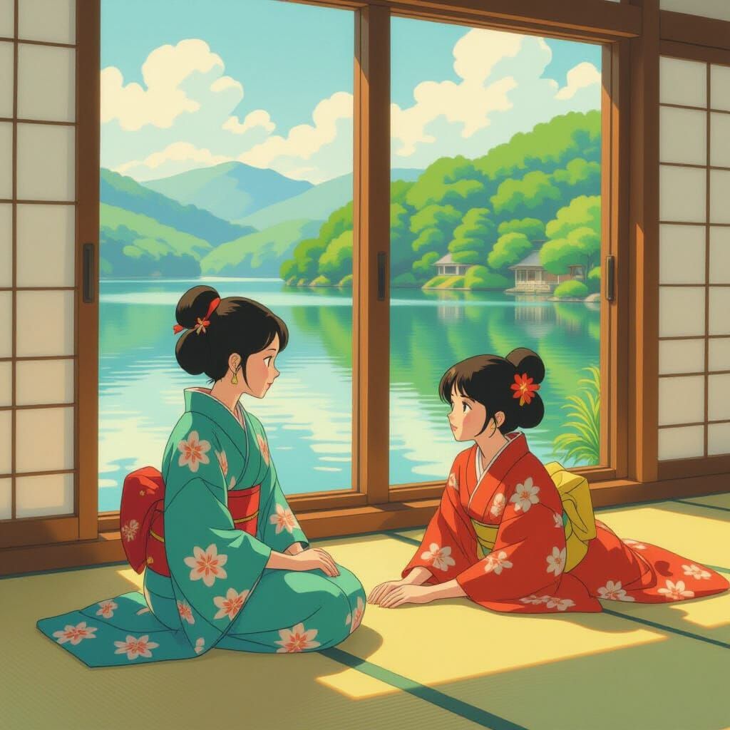Vietnamese Women in Kimono by a Serene Lake