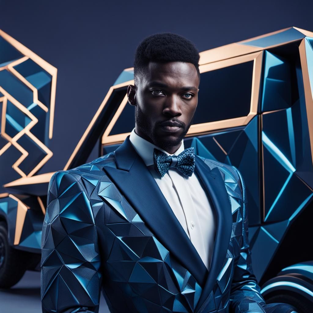 Man in Jeweled Tuxedo Next to Futuristic Cybertruck