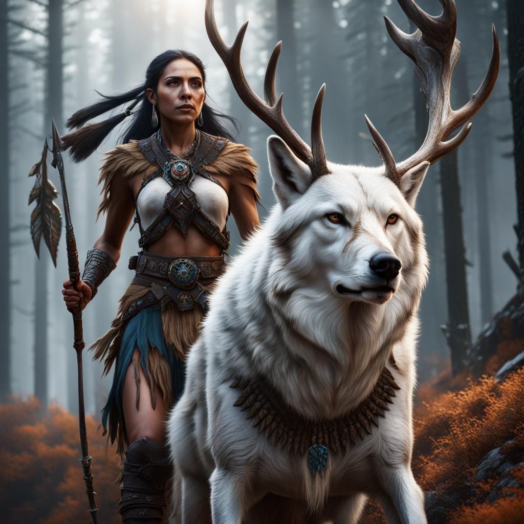 Native American Woman Warrior and Wolf Hunting