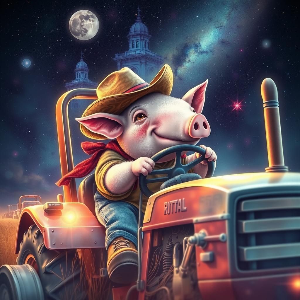 Cowboy Pig Drives Tractor: Holographic Astral Illustration