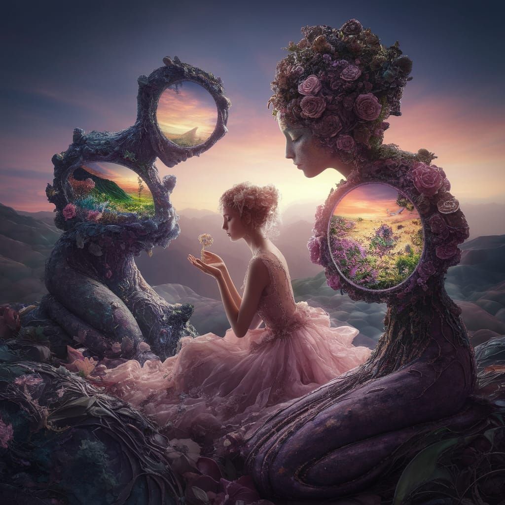 Surreal Collage of Mythical Beings in Dreamlike Landscape