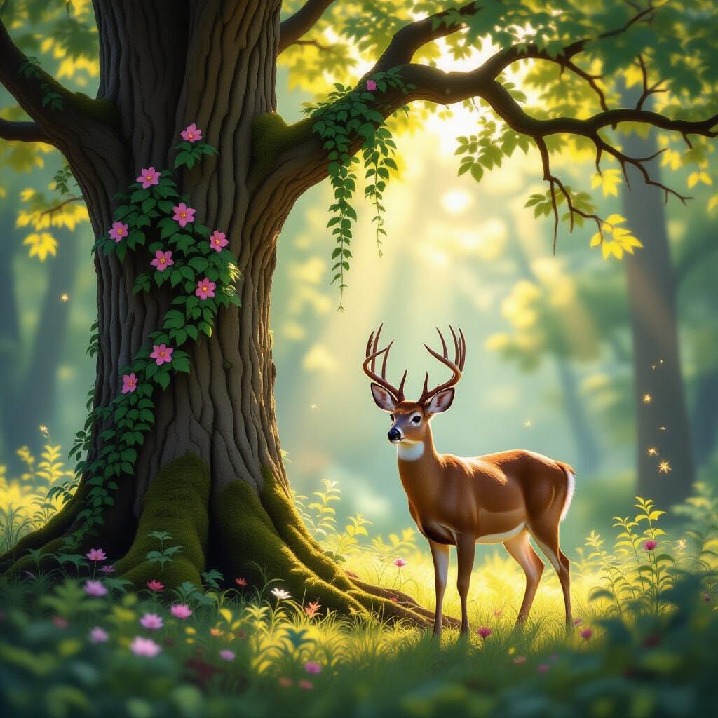 Majestic Deer in Sunlit Forest with Flowers