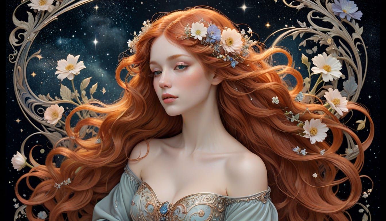 Art Nouveau Portrait of Redhead with Floral Hair Amidst Star...
