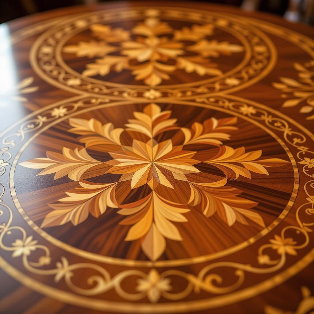 Exquisite Marquetry Pattern on Luxurious Wood Tabletop