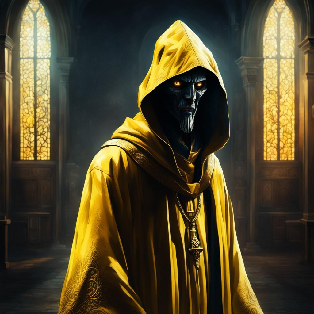Ominous Priest in Yellow Robe, Hyperrealistic Art