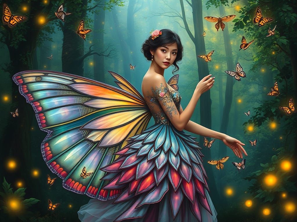 Surreal Butterfly Goddess in Vibrant Forest Dreamscape