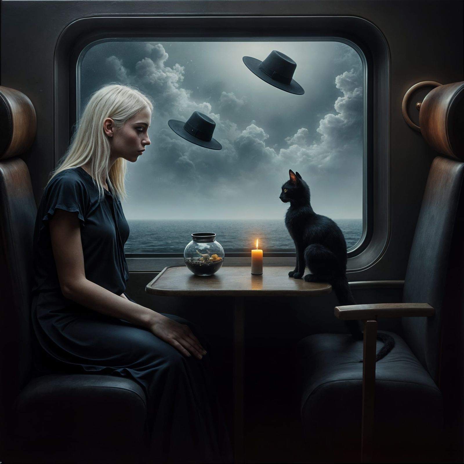 Surrealist Painting of Woman and Cat in Moody Train Compartm...