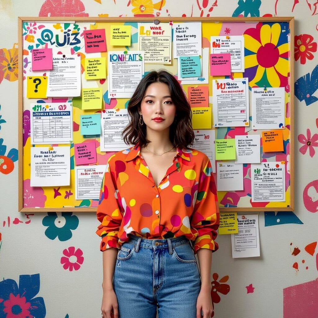 Woman Before Colorful Quiz Board in Superflat Style