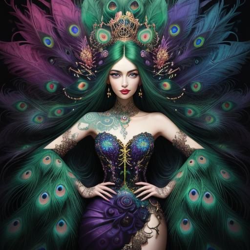 Regal Woman with Peacock Feathers in Abstract Expressionism