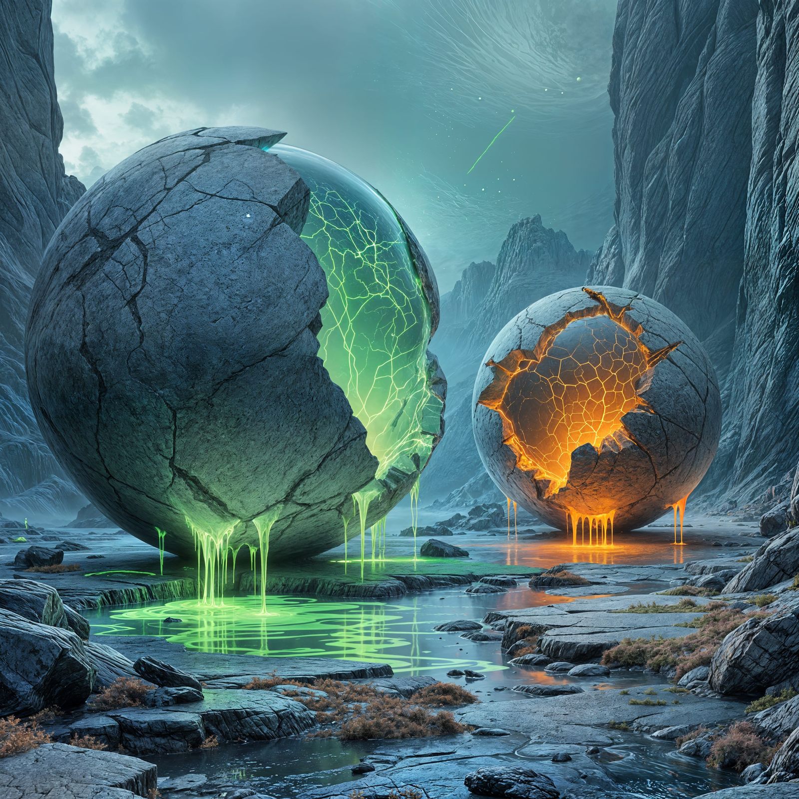 Surreal Landscape with Leaking Neon Spheres