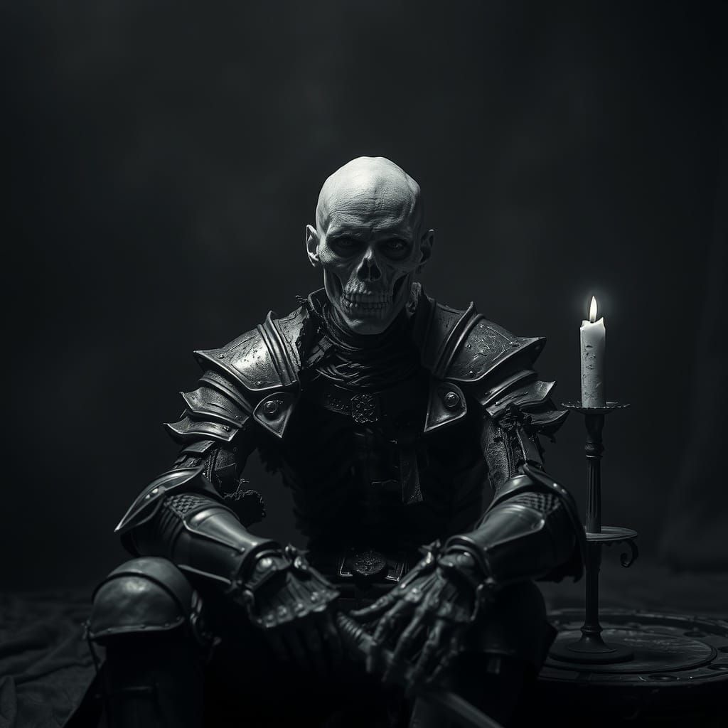 Skeletal Knight in Tattered Armor, Lit by Flickering Candle