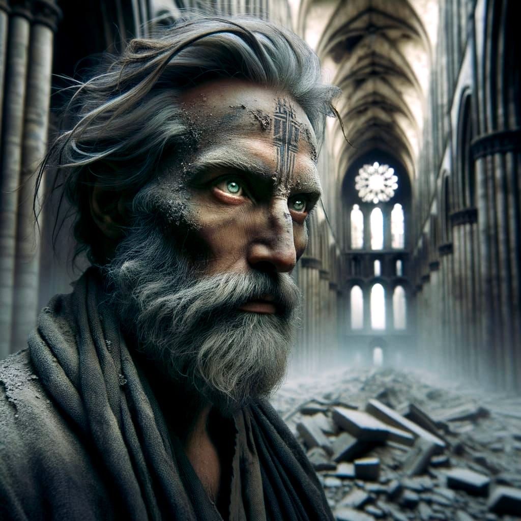 Ash-Faced Prophet in Ruined Cathedral