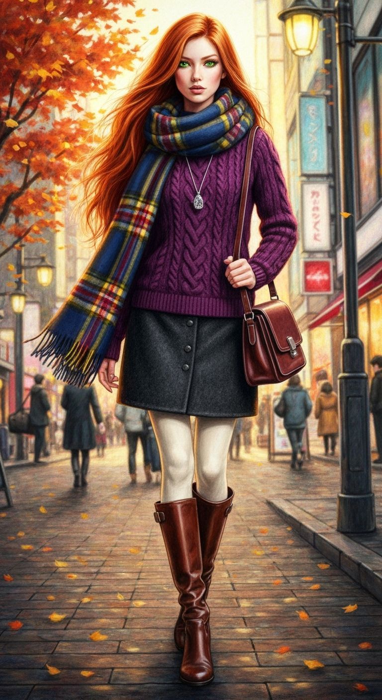 Japanese Woman in Autumn Fashion Sketch