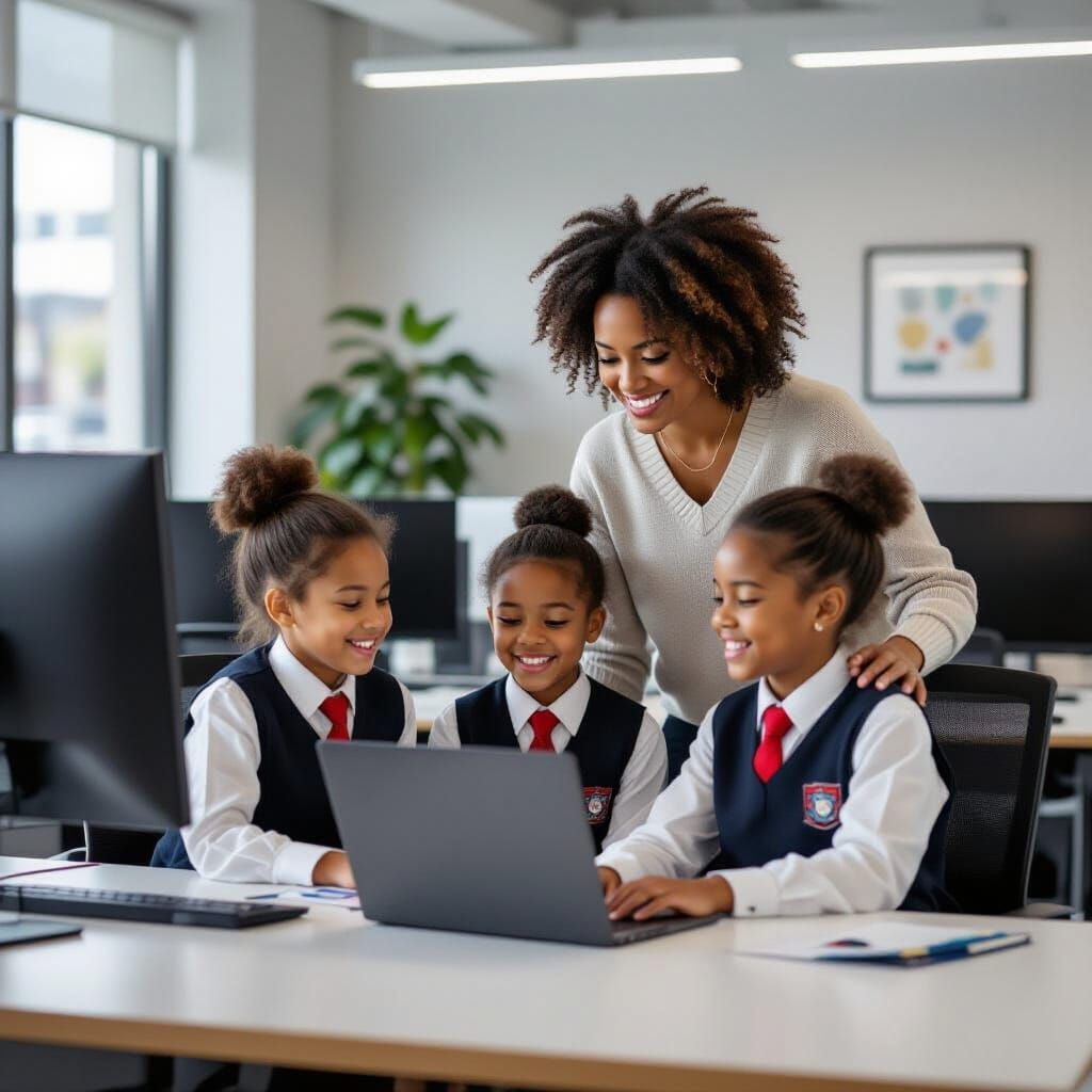 Teacher Guiding Students in Modern Office, Portrait Style