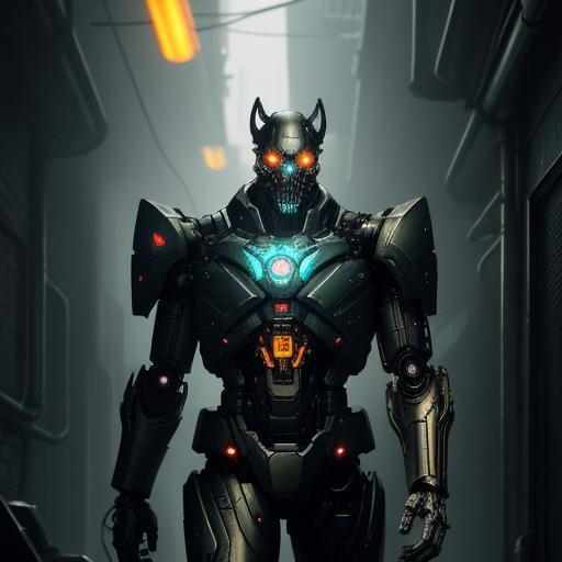 Cyborg in Dark Alley with Neon Lights