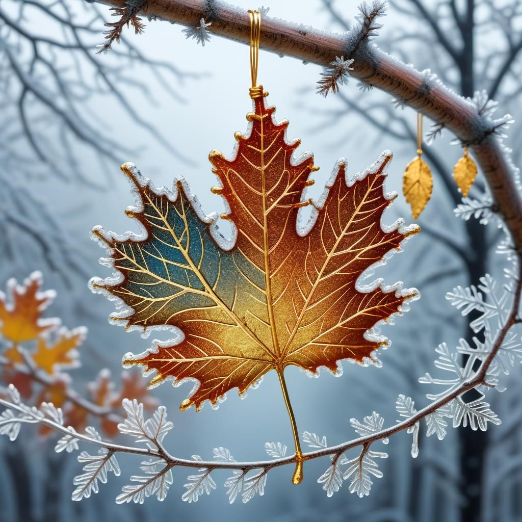 Delicate Frost Adorns Golden Fall Leaf