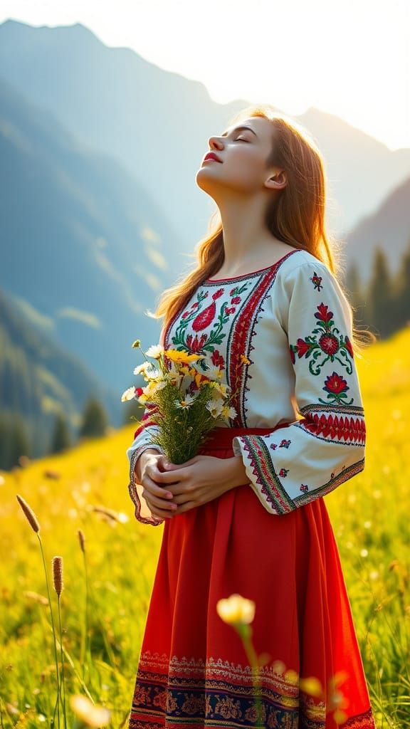 Woman in Traditional Romanian Embroidered Attire Amidst Lush...
