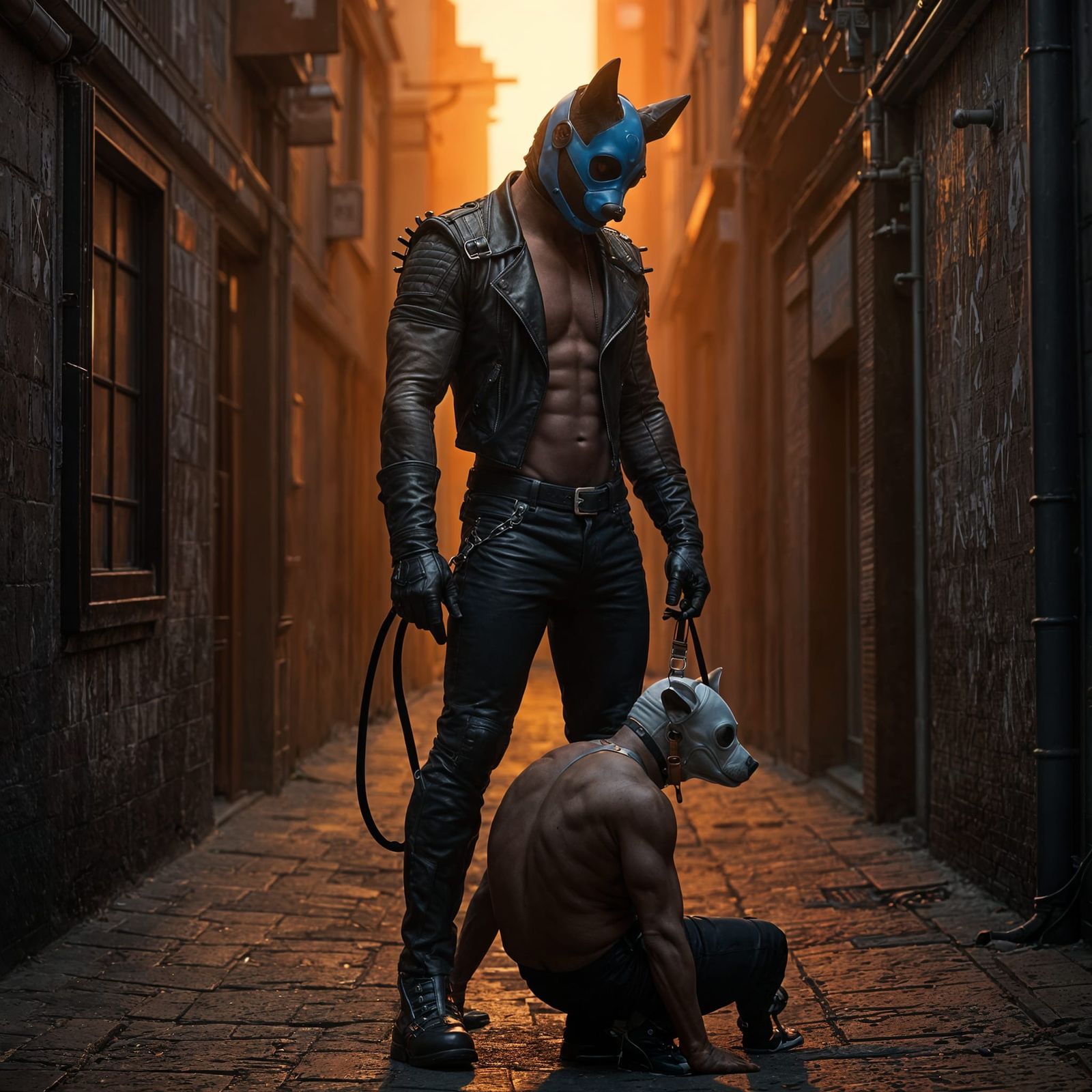 Dominant Biker Man Holds Kink Pup Subordinate at Sunset
