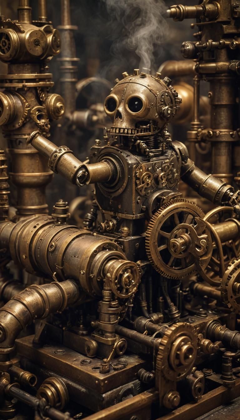 Steampunk Voodoo Dolls Around Steam Engine